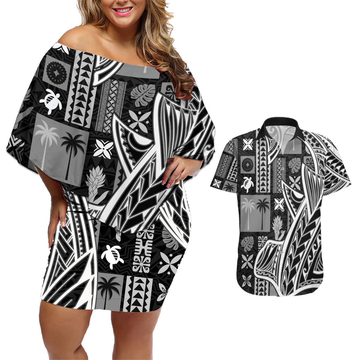 Samoa Tapa Couples Matching Off Shoulder Short Dress and Hawaiian Shirt Siapo Mix Tatau Patterns - Black LT7 - Wonder Print Shop