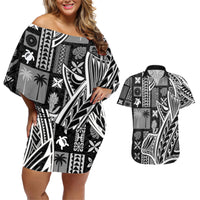 Samoa Tapa Couples Matching Off Shoulder Short Dress and Hawaiian Shirt Siapo Mix Tatau Patterns - Black LT7 - Wonder Print Shop