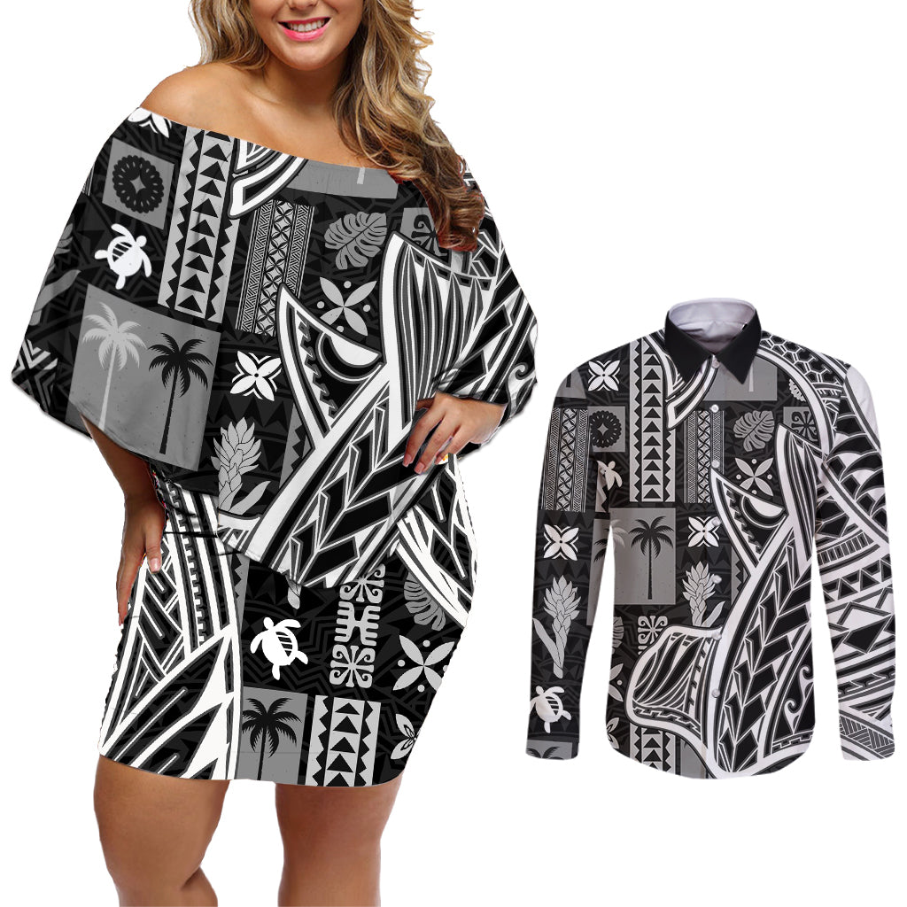 Samoa Tapa Couples Matching Off Shoulder Short Dress and Long Sleeve Button Shirt Siapo Mix Tatau Patterns - Black LT7 - Wonder Print Shop