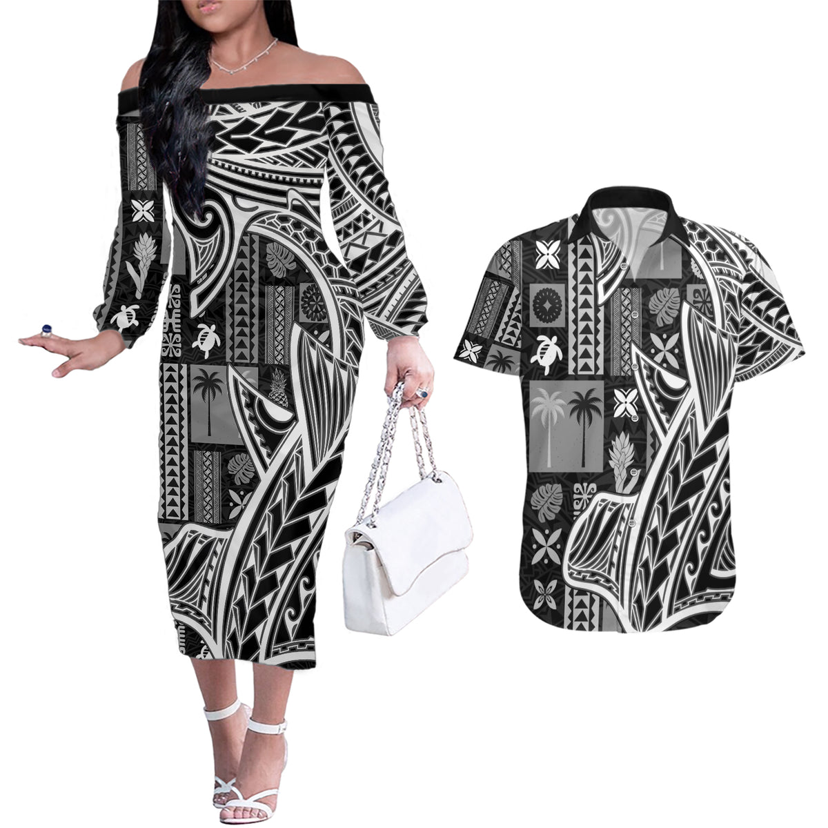 Samoa Tapa Couples Matching Off The Shoulder Long Sleeve Dress and Hawaiian Shirt Siapo Mix Tatau Patterns - Black LT7 - Wonder Print Shop