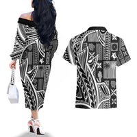 Samoa Tapa Couples Matching Off The Shoulder Long Sleeve Dress and Hawaiian Shirt Siapo Mix Tatau Patterns - Black LT7 - Wonder Print Shop