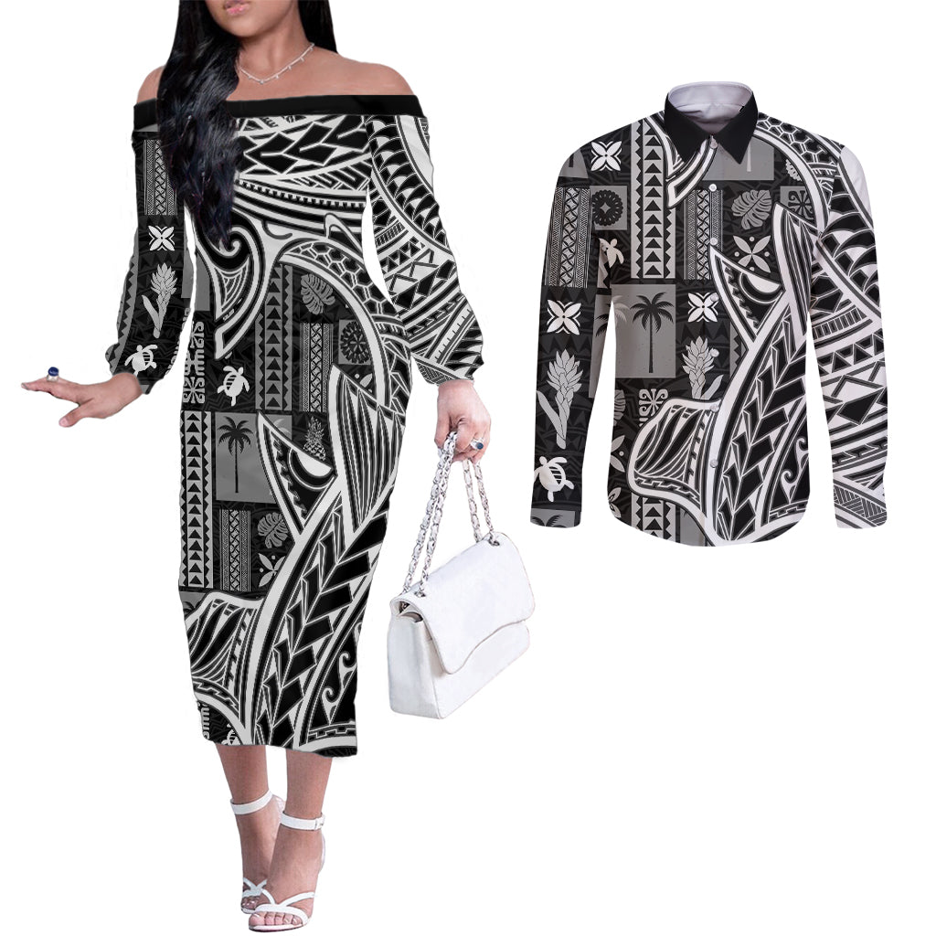 samoa-tapa-couples-matching-off-the-shoulder-long-sleeve-dress-and-long-sleeve-button-shirt-siapo-mix-tatau-patterns-black