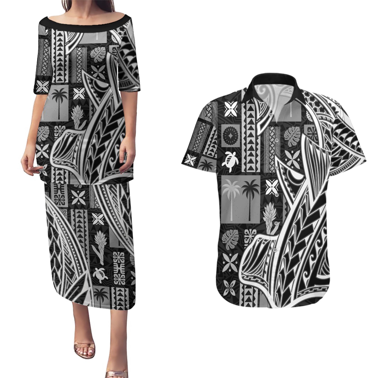 Samoa Tapa Couples Matching Puletasi Dress and Hawaiian Shirt Siapo Mix Tatau Patterns - Black LT7 - Wonder Print Shop