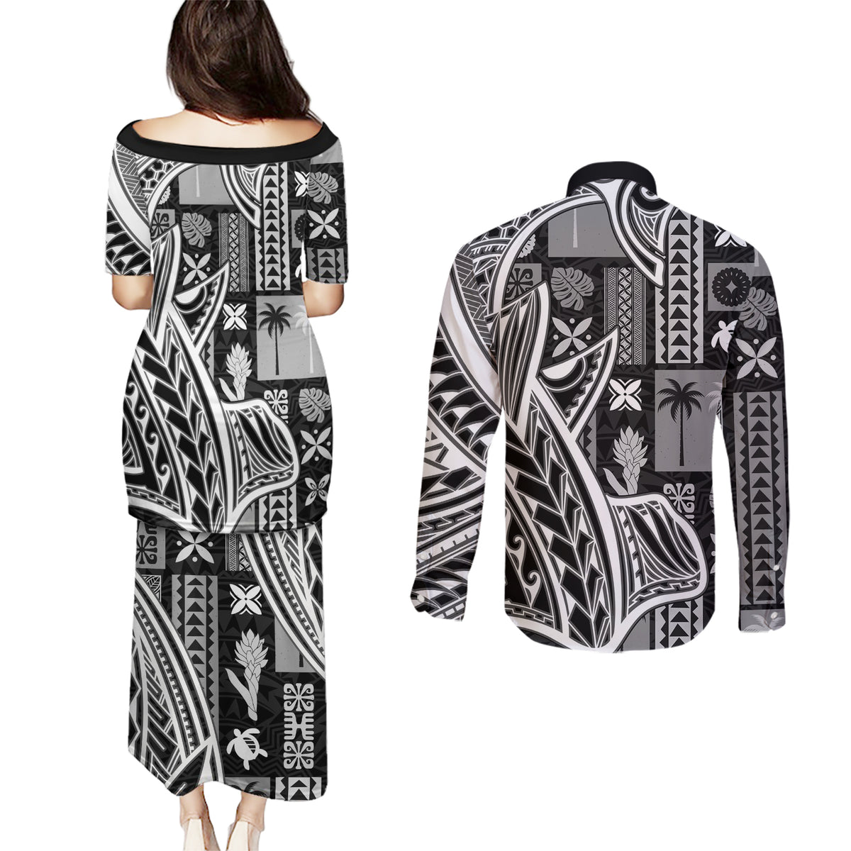 Samoa Tapa Couples Matching Puletasi Dress and Long Sleeve Button Shirt Siapo Mix Tatau Patterns - Black LT7 - Wonder Print Shop