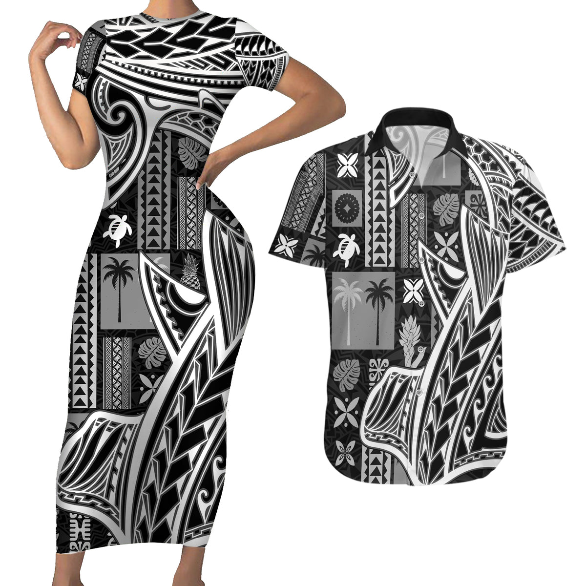 Samoa Tapa Couples Matching Short Sleeve Bodycon Dress and Hawaiian Shirt Siapo Mix Tatau Patterns - Black LT7 - Wonder Print Shop