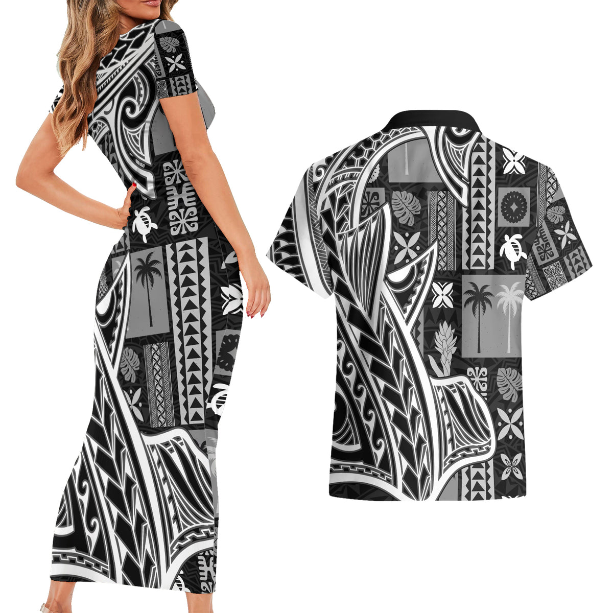 Samoa Tapa Couples Matching Short Sleeve Bodycon Dress and Hawaiian Shirt Siapo Mix Tatau Patterns - Black LT7 - Wonder Print Shop