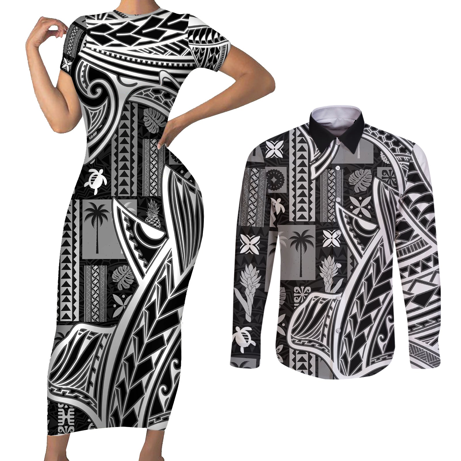 Samoa Tapa Couples Matching Short Sleeve Bodycon Dress and Long Sleeve Button Shirt Siapo Mix Tatau Patterns - Black LT7 - Wonder Print Shop