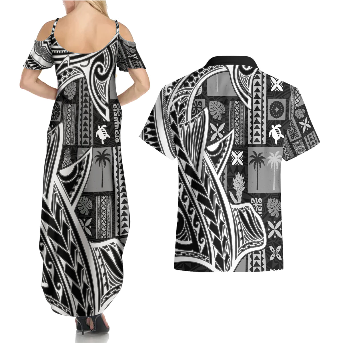 Samoa Tapa Couples Matching Summer Maxi Dress and Hawaiian Shirt Siapo Mix Tatau Patterns - Black LT7 - Wonder Print Shop
