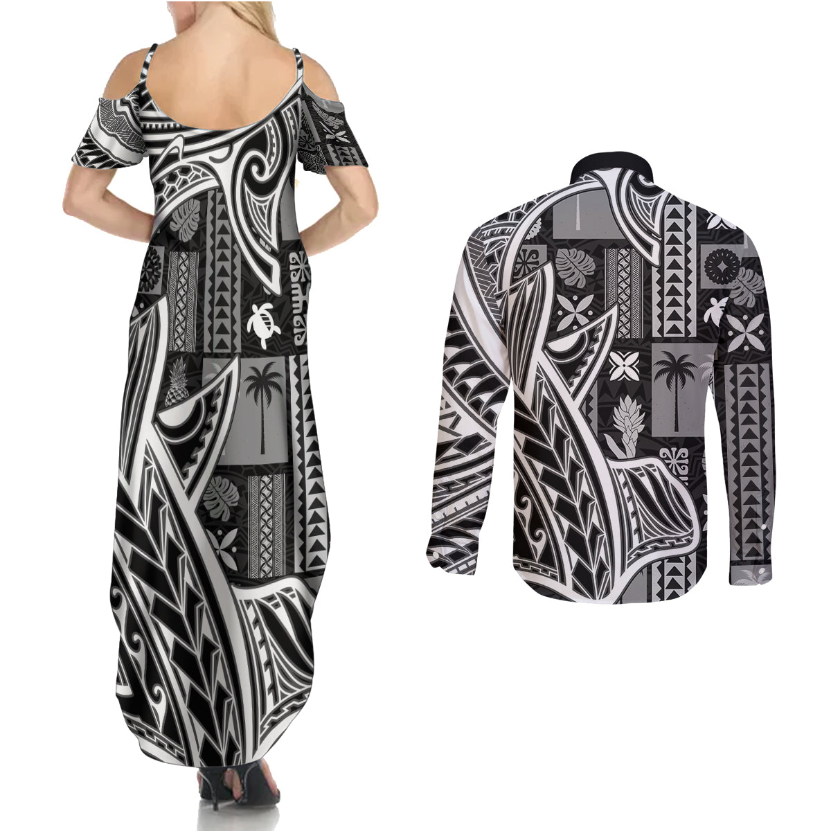 Samoa Tapa Couples Matching Summer Maxi Dress and Long Sleeve Button Shirt Siapo Mix Tatau Patterns - Black LT7 - Wonder Print Shop