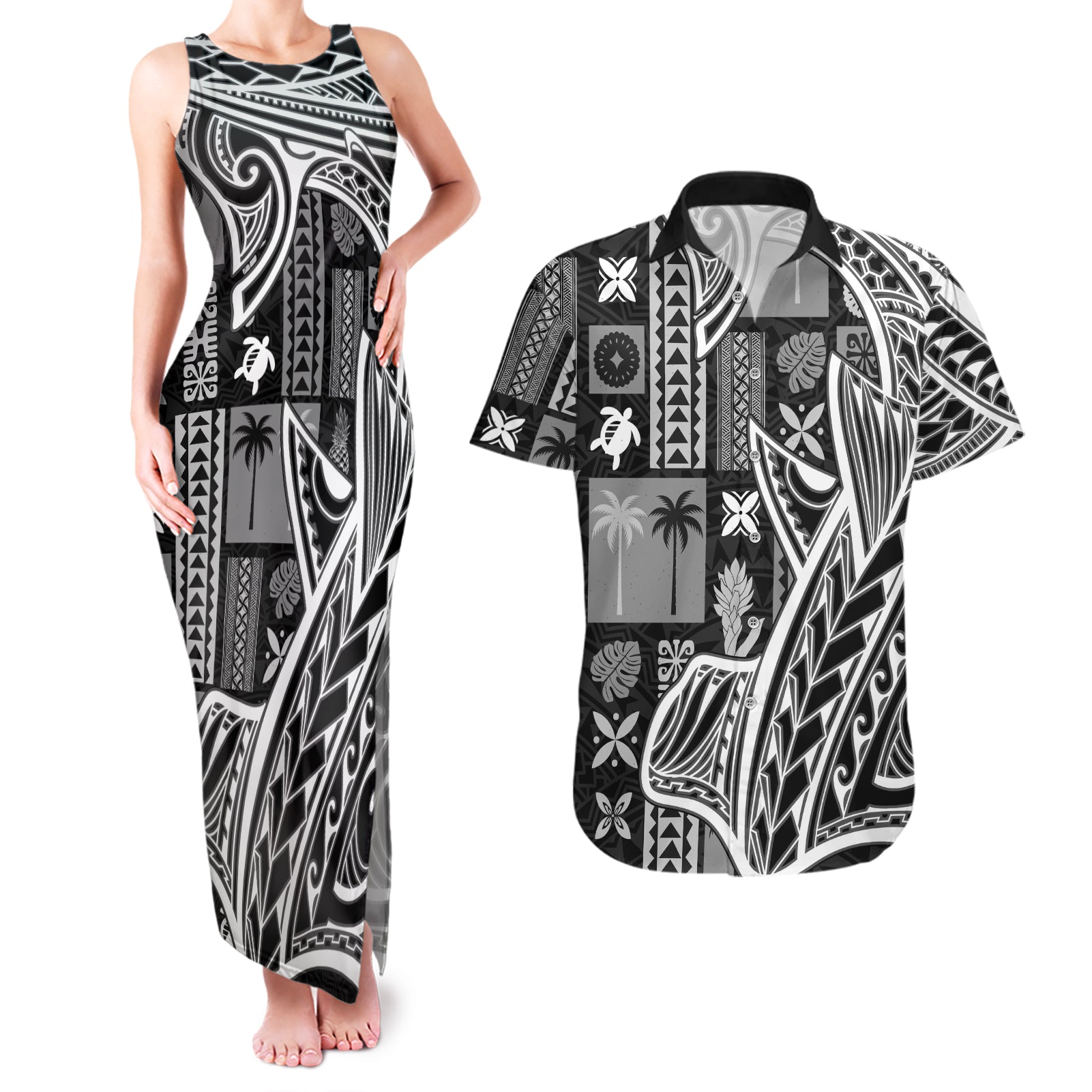 Samoa Tapa Couples Matching Tank Maxi Dress and Hawaiian Shirt Siapo Mix Tatau Patterns - Black LT7 - Wonder Print Shop