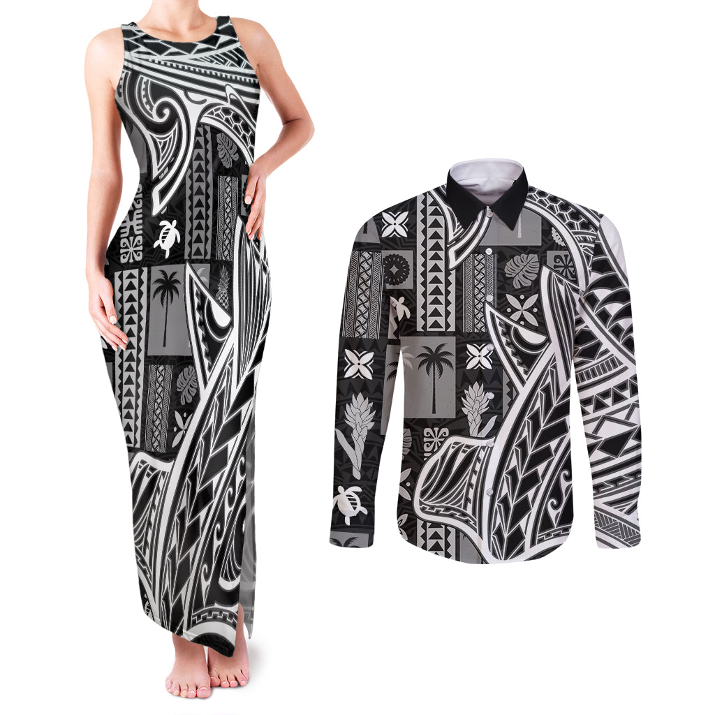 Samoa Tapa Couples Matching Tank Maxi Dress and Long Sleeve Button Shirt Siapo Mix Tatau Patterns - Black LT7 - Wonder Print Shop