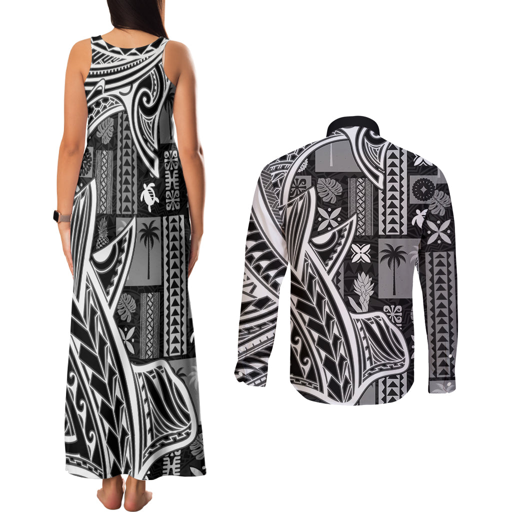 Samoa Tapa Couples Matching Tank Maxi Dress and Long Sleeve Button Shirt Siapo Mix Tatau Patterns - Black LT7 - Wonder Print Shop