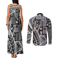 Samoa Tapa Couples Matching Tank Maxi Dress and Long Sleeve Button Shirt Siapo Mix Tatau Patterns - Black LT7 - Wonder Print Shop