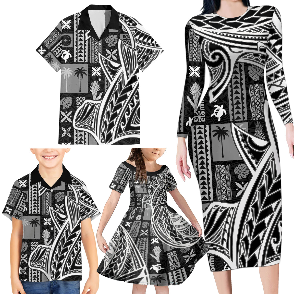 Samoa Tapa Family Matching Long Sleeve Bodycon Dress and Hawaiian Shirt Siapo Mix Tatau Patterns - Black LT7 - Wonder Print Shop
