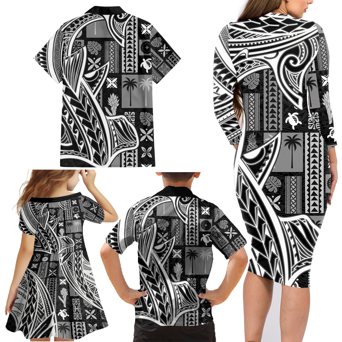 Samoa Tapa Family Matching Long Sleeve Bodycon Dress and Hawaiian Shirt Siapo Mix Tatau Patterns - Black LT7 - Wonder Print Shop