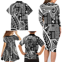 Samoa Tapa Family Matching Long Sleeve Bodycon Dress and Hawaiian Shirt Siapo Mix Tatau Patterns - Black LT7 - Wonder Print Shop