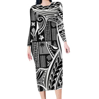 Samoa Tapa Family Matching Long Sleeve Bodycon Dress and Hawaiian Shirt Siapo Mix Tatau Patterns - Black LT7 - Wonder Print Shop