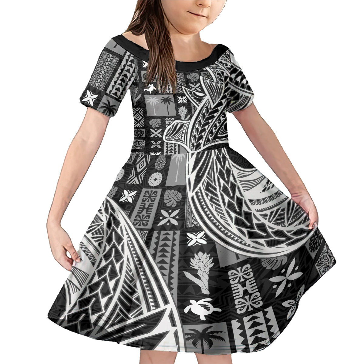Samoa Tapa Family Matching Mermaid Dress and Hawaiian Shirt Siapo Mix Tatau Patterns - Black LT7 - Wonder Print Shop