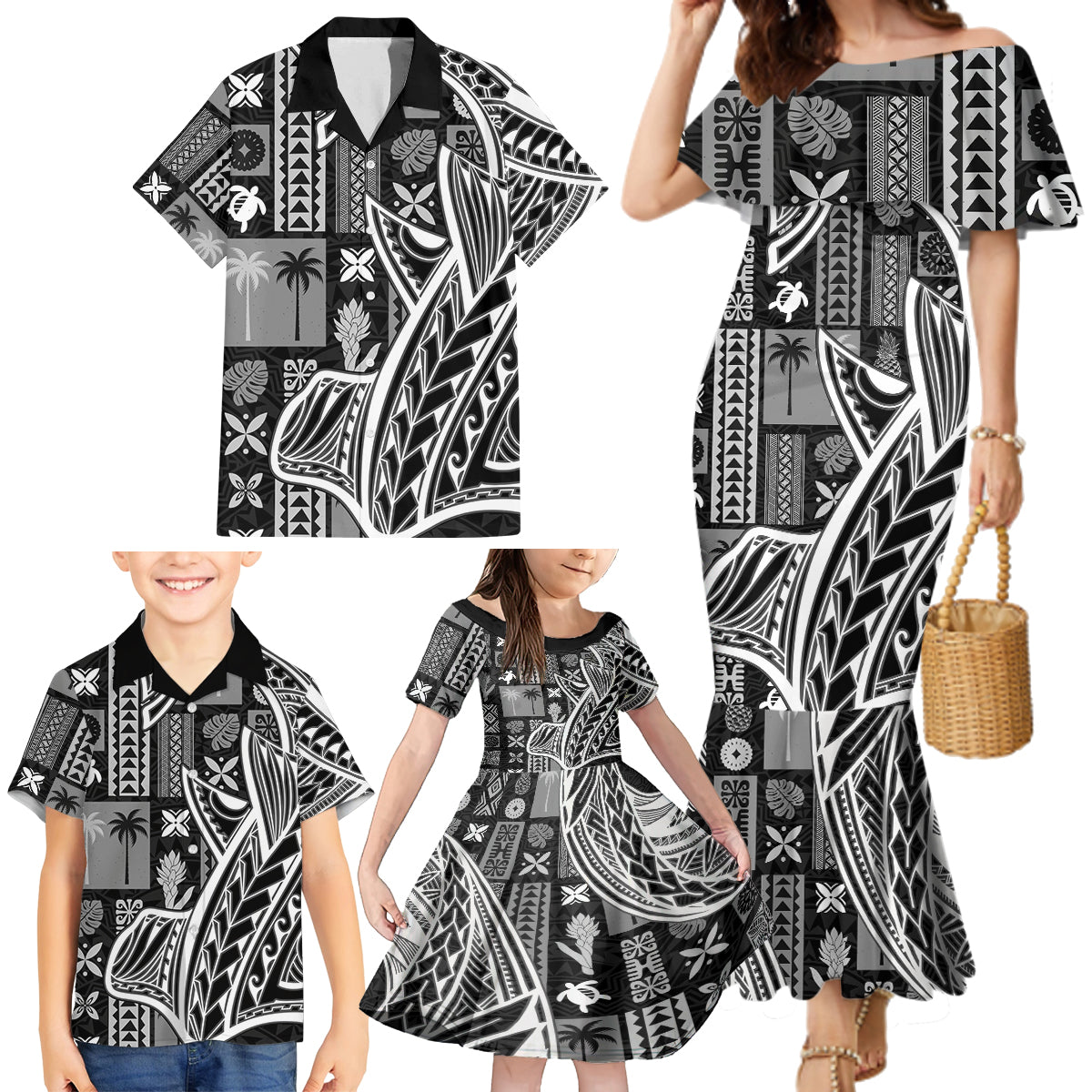 Samoa Tapa Family Matching Mermaid Dress and Hawaiian Shirt Siapo Mix Tatau Patterns - Black LT7 - Wonder Print Shop