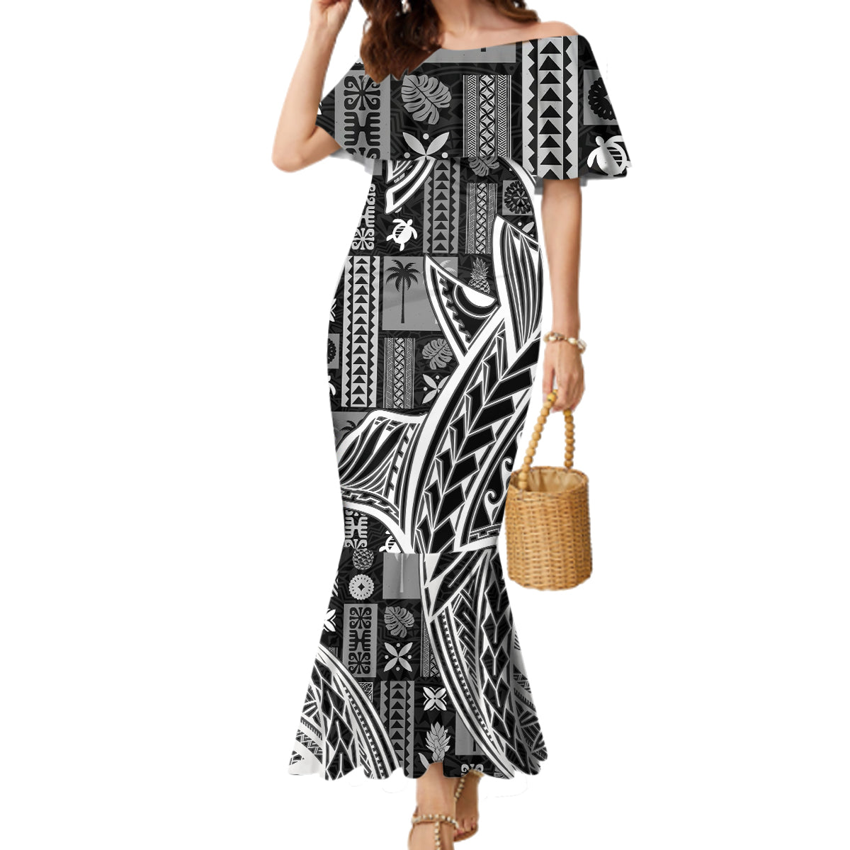 Samoa Tapa Family Matching Mermaid Dress and Hawaiian Shirt Siapo Mix Tatau Patterns - Black LT7 - Wonder Print Shop