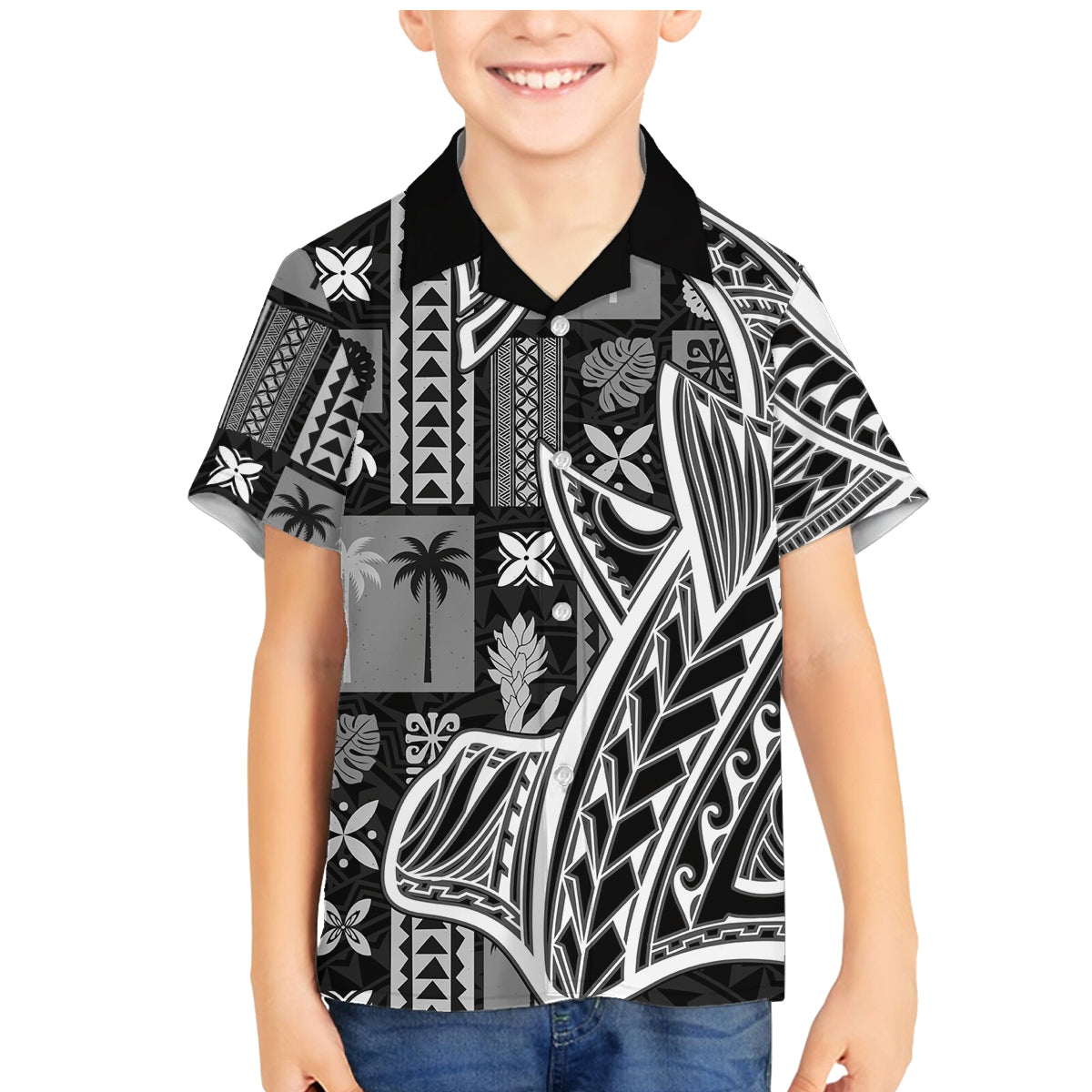 Samoa Tapa Family Matching Mermaid Dress and Hawaiian Shirt Siapo Mix Tatau Patterns - Black LT7 - Wonder Print Shop