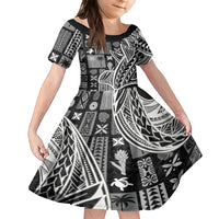 Samoa Tapa Family Matching Off Shoulder Long Sleeve Dress and Hawaiian Shirt Siapo Mix Tatau Patterns - Black - Wonder Print Shop
