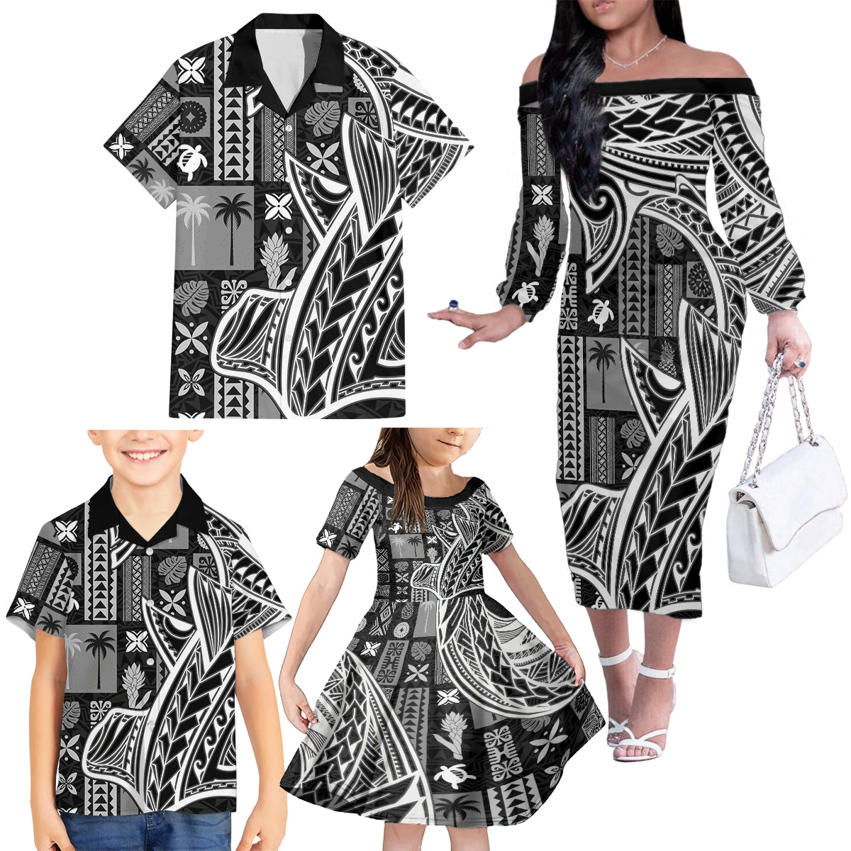 Samoa Tapa Family Matching Off Shoulder Long Sleeve Dress and Hawaiian Shirt Siapo Mix Tatau Patterns - Black - Wonder Print Shop