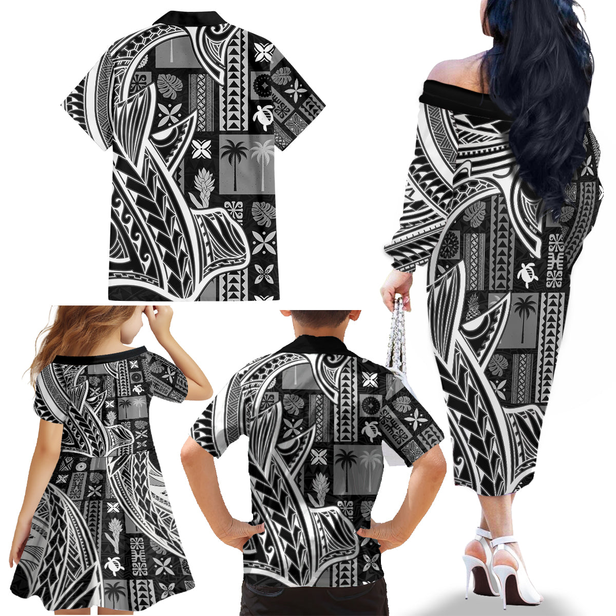 Samoa Tapa Family Matching Off Shoulder Long Sleeve Dress and Hawaiian Shirt Siapo Mix Tatau Patterns - Black - Wonder Print Shop