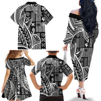Samoa Tapa Family Matching Off Shoulder Long Sleeve Dress and Hawaiian Shirt Siapo Mix Tatau Patterns - Black - Wonder Print Shop