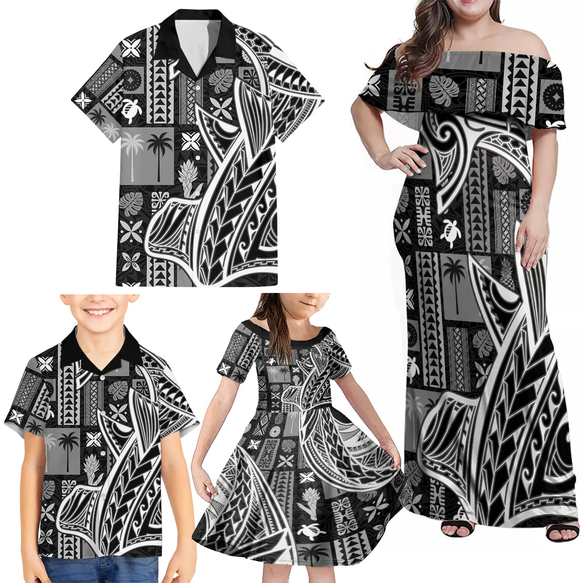 Samoa Tapa Family Matching Off Shoulder Maxi Dress and Hawaiian Shirt Siapo Mix Tatau Patterns - Black LT7 - Wonder Print Shop