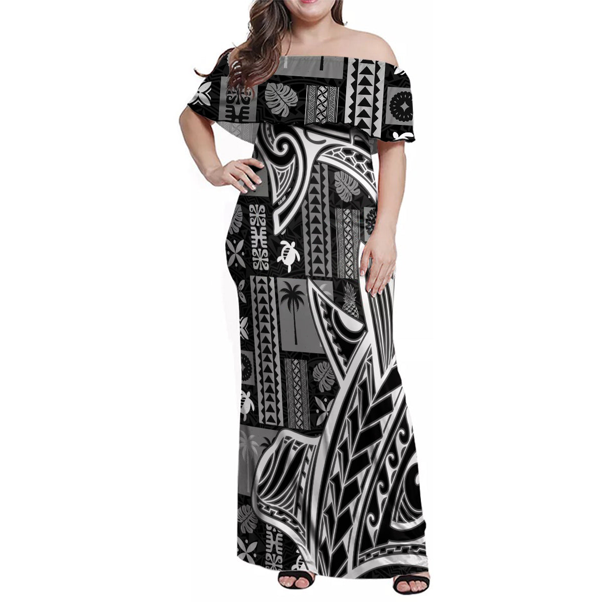 Samoa Tapa Family Matching Off Shoulder Maxi Dress and Hawaiian Shirt Siapo Mix Tatau Patterns - Black LT7 - Wonder Print Shop