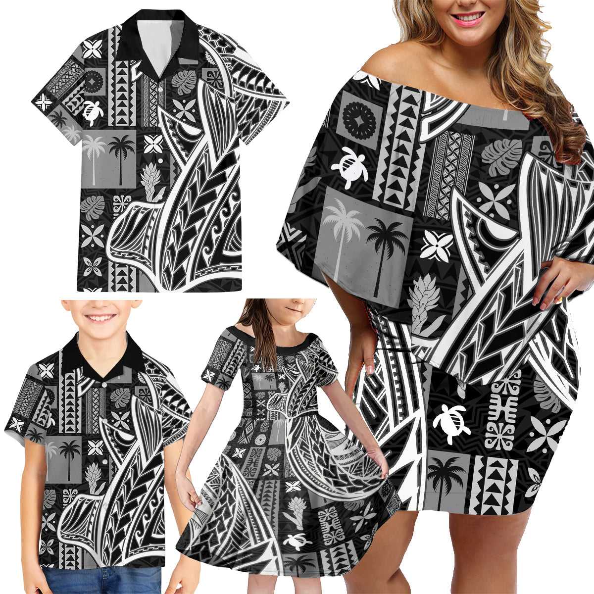 Samoa Tapa Family Matching Off Shoulder Short Dress and Hawaiian Shirt Siapo Mix Tatau Patterns - Black LT7 - Wonder Print Shop