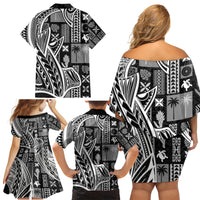 Samoa Tapa Family Matching Off Shoulder Short Dress and Hawaiian Shirt Siapo Mix Tatau Patterns - Black LT7 - Wonder Print Shop