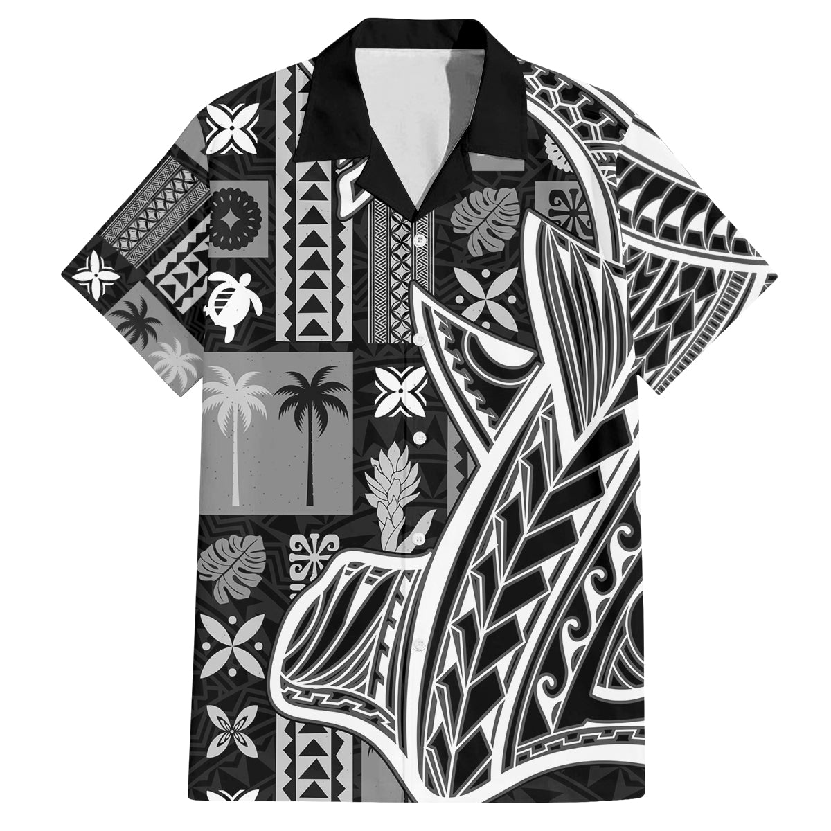 Samoa Tapa Family Matching Off Shoulder Short Dress and Hawaiian Shirt Siapo Mix Tatau Patterns - Black LT7 - Wonder Print Shop