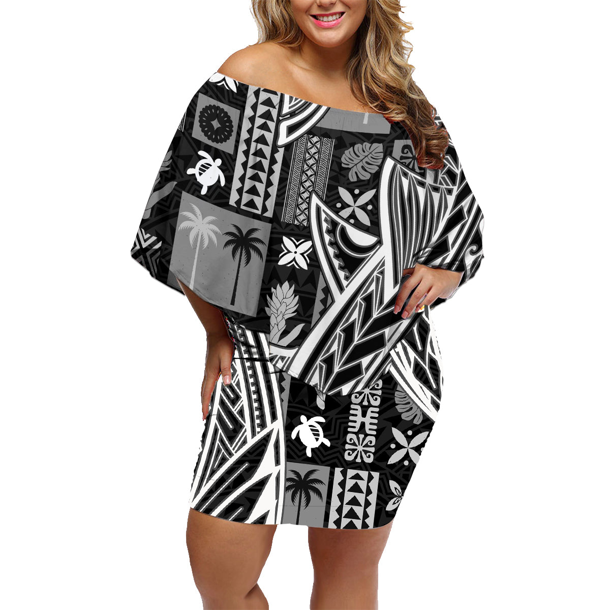 Samoa Tapa Family Matching Off Shoulder Short Dress and Hawaiian Shirt Siapo Mix Tatau Patterns - Black LT7 - Wonder Print Shop