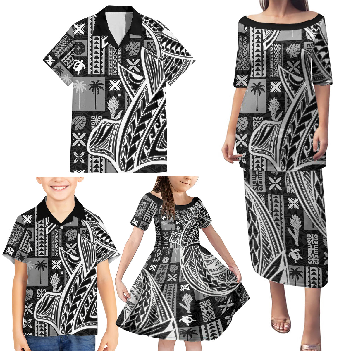 Samoa Tapa Family Matching Puletasi Dress and Hawaiian Shirt Siapo Mix Tatau Patterns - Black - Wonder Print Shop