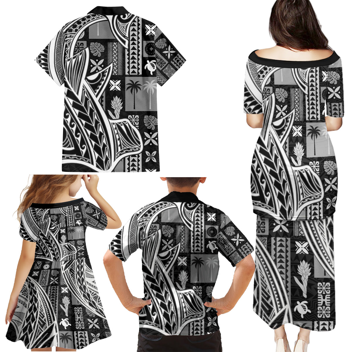 Samoa Tapa Family Matching Puletasi Dress and Hawaiian Shirt Siapo Mix Tatau Patterns - Black - Wonder Print Shop