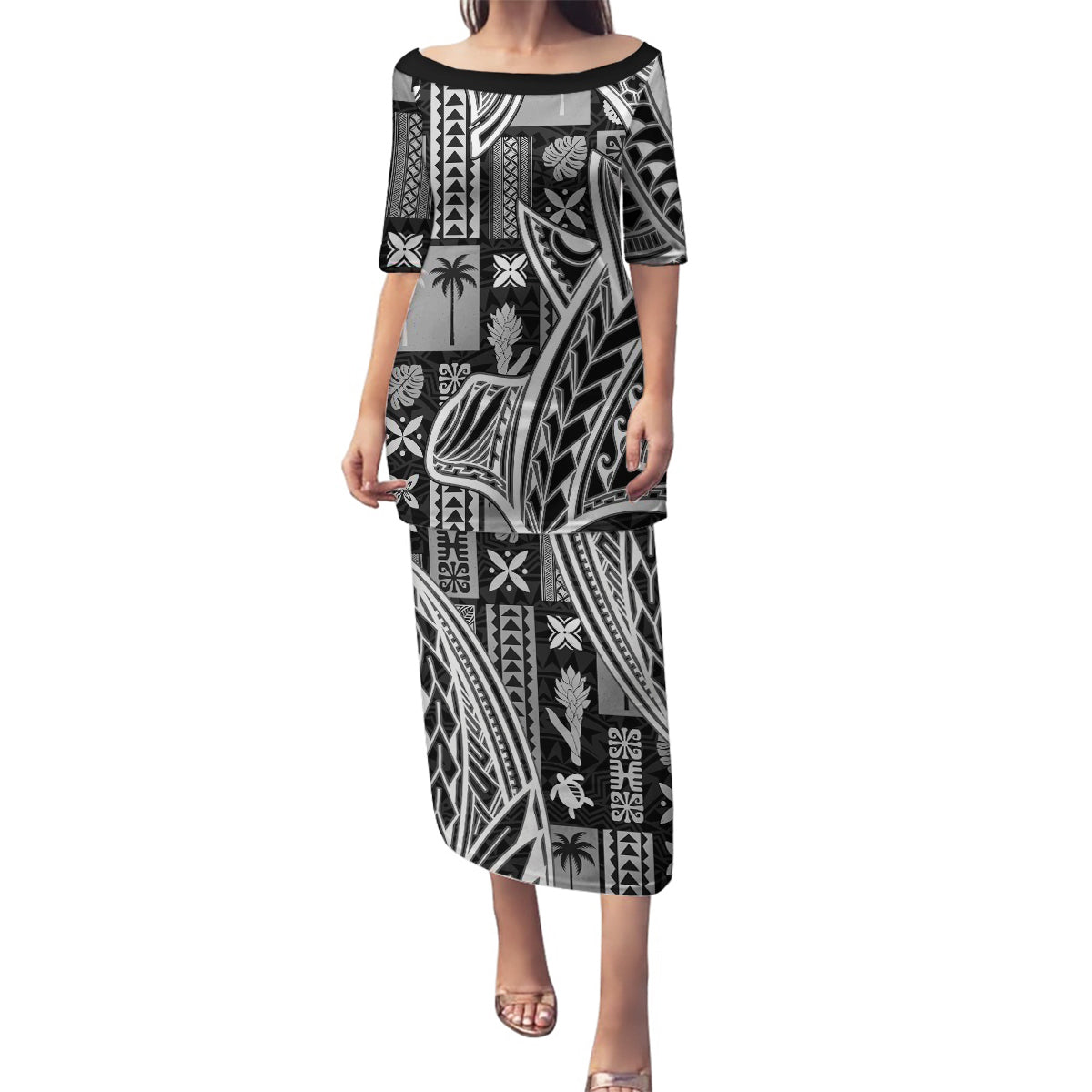 Samoa Tapa Family Matching Puletasi Dress and Hawaiian Shirt Siapo Mix Tatau Patterns - Black - Wonder Print Shop