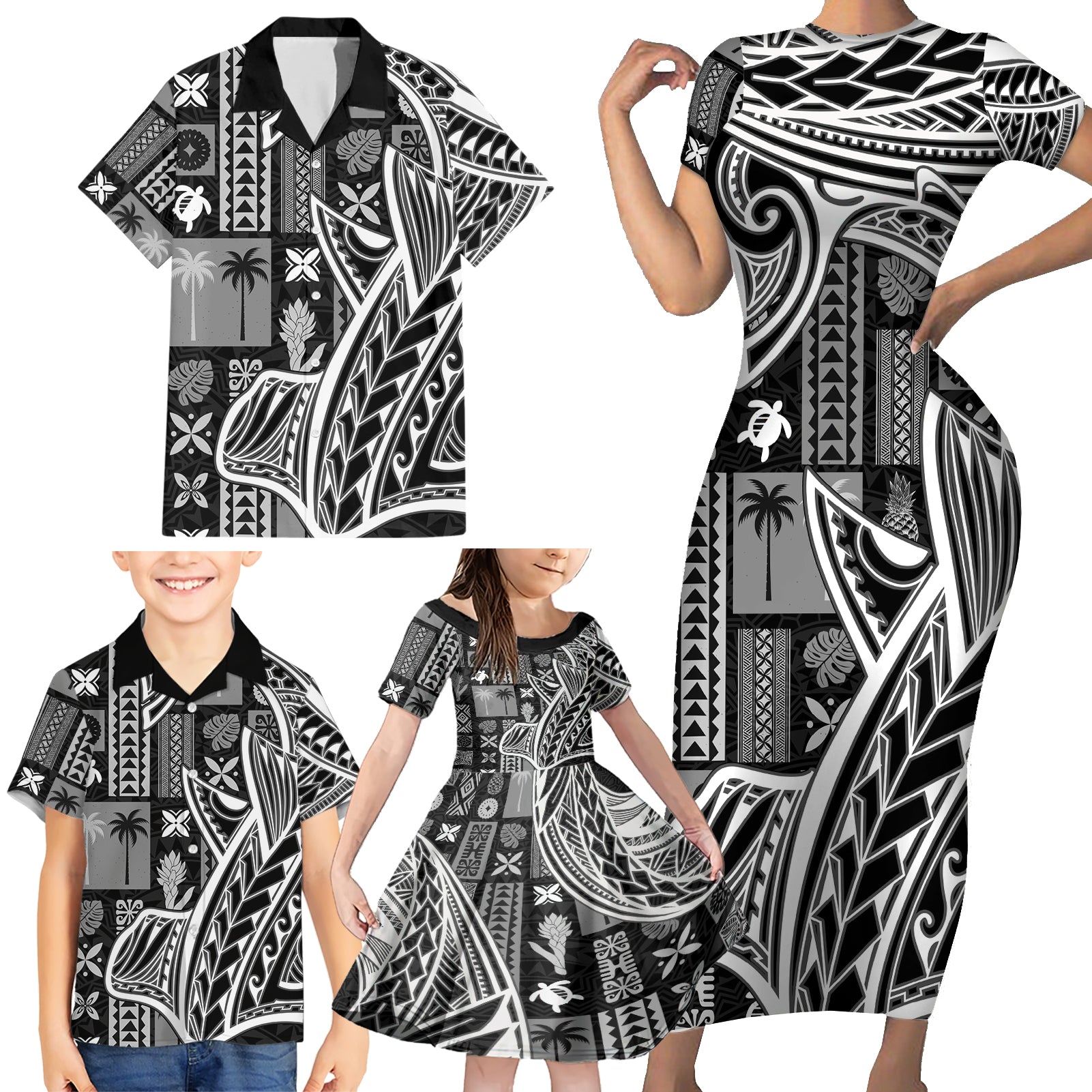 Samoa Tapa Family Matching Short Sleeve Bodycon Dress and Hawaiian Shirt Siapo Mix Tatau Patterns - Black - Wonder Print Shop