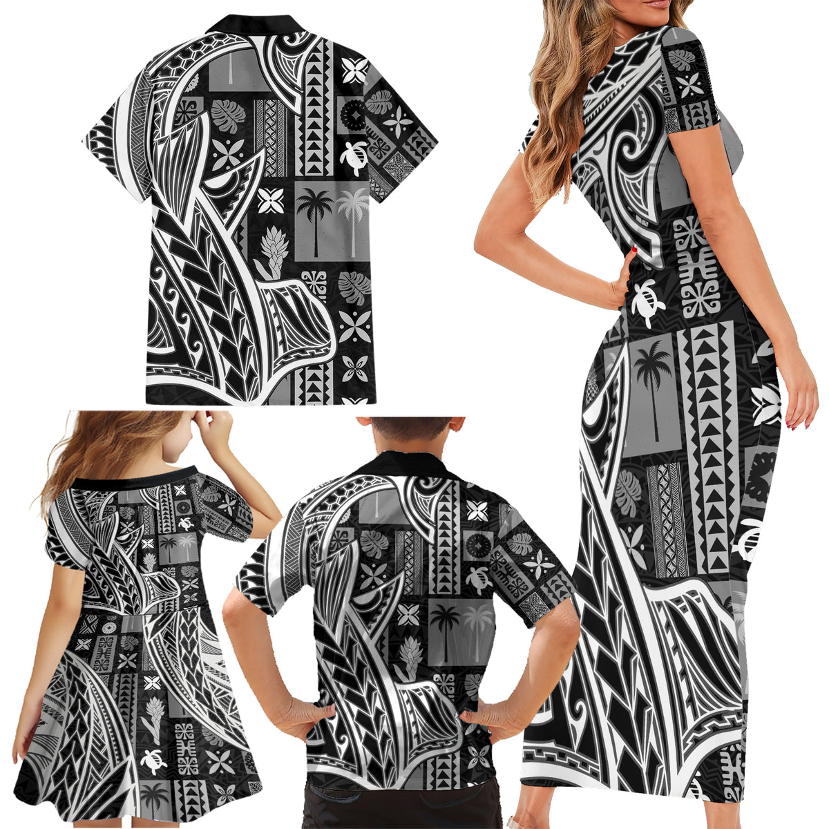 Samoa Tapa Family Matching Short Sleeve Bodycon Dress and Hawaiian Shirt Siapo Mix Tatau Patterns - Black - Wonder Print Shop