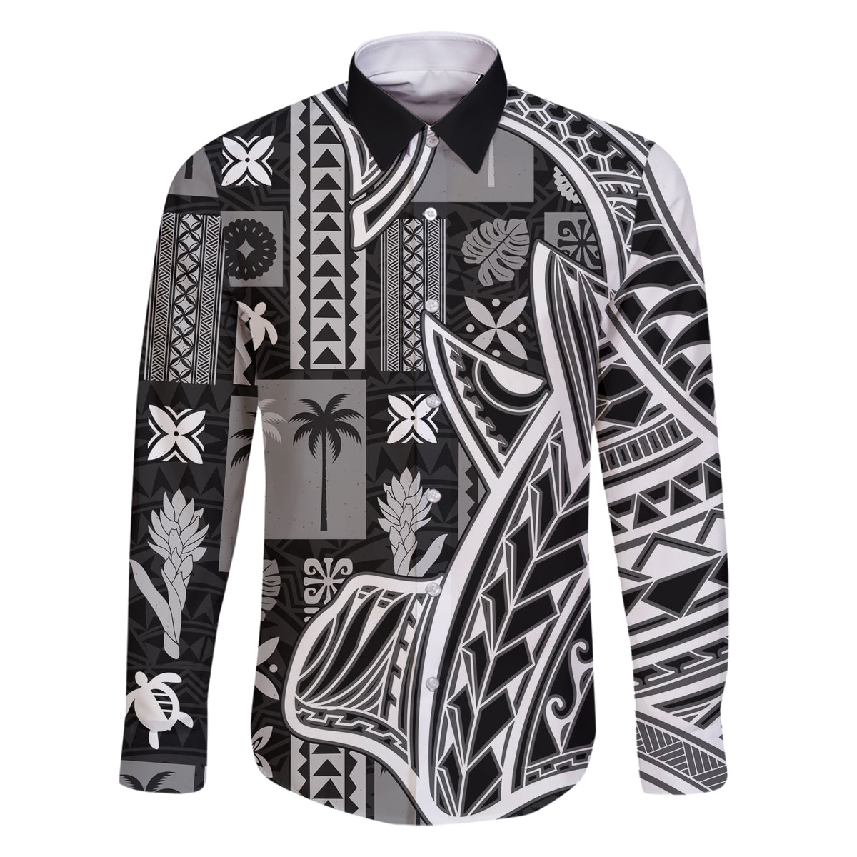Samoa Tapa Family Matching Short Sleeve Bodycon Dress and Hawaiian Shirt Siapo Mix Tatau Patterns - Black - Wonder Print Shop