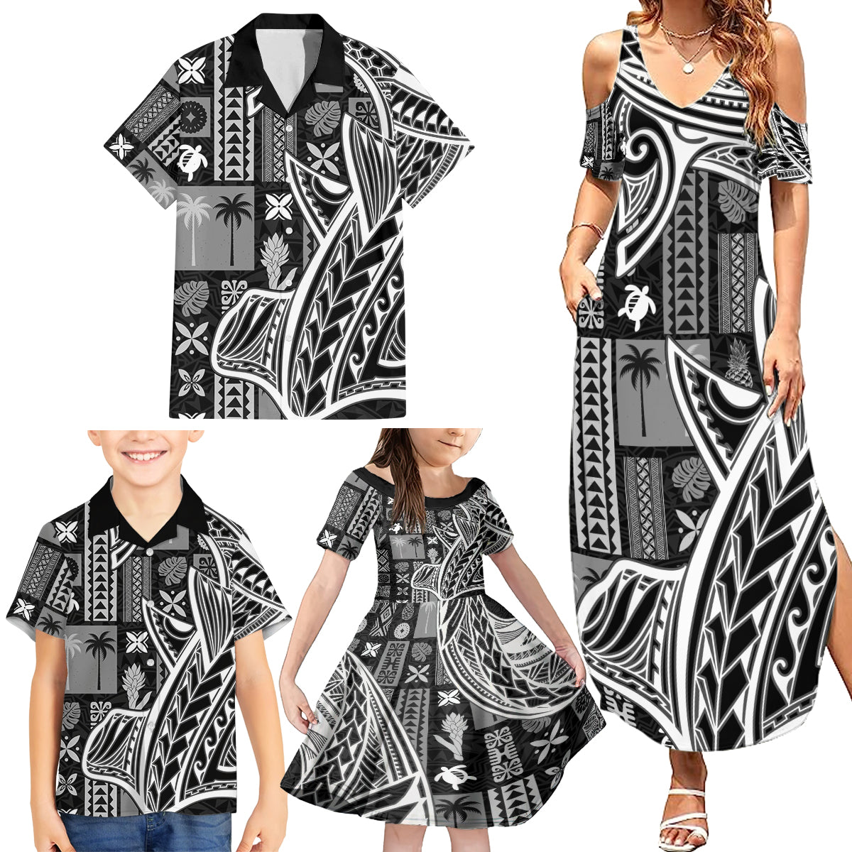 Samoa Tapa Family Matching Summer Maxi Dress and Hawaiian Shirt Siapo Mix Tatau Patterns - Black - Wonder Print Shop