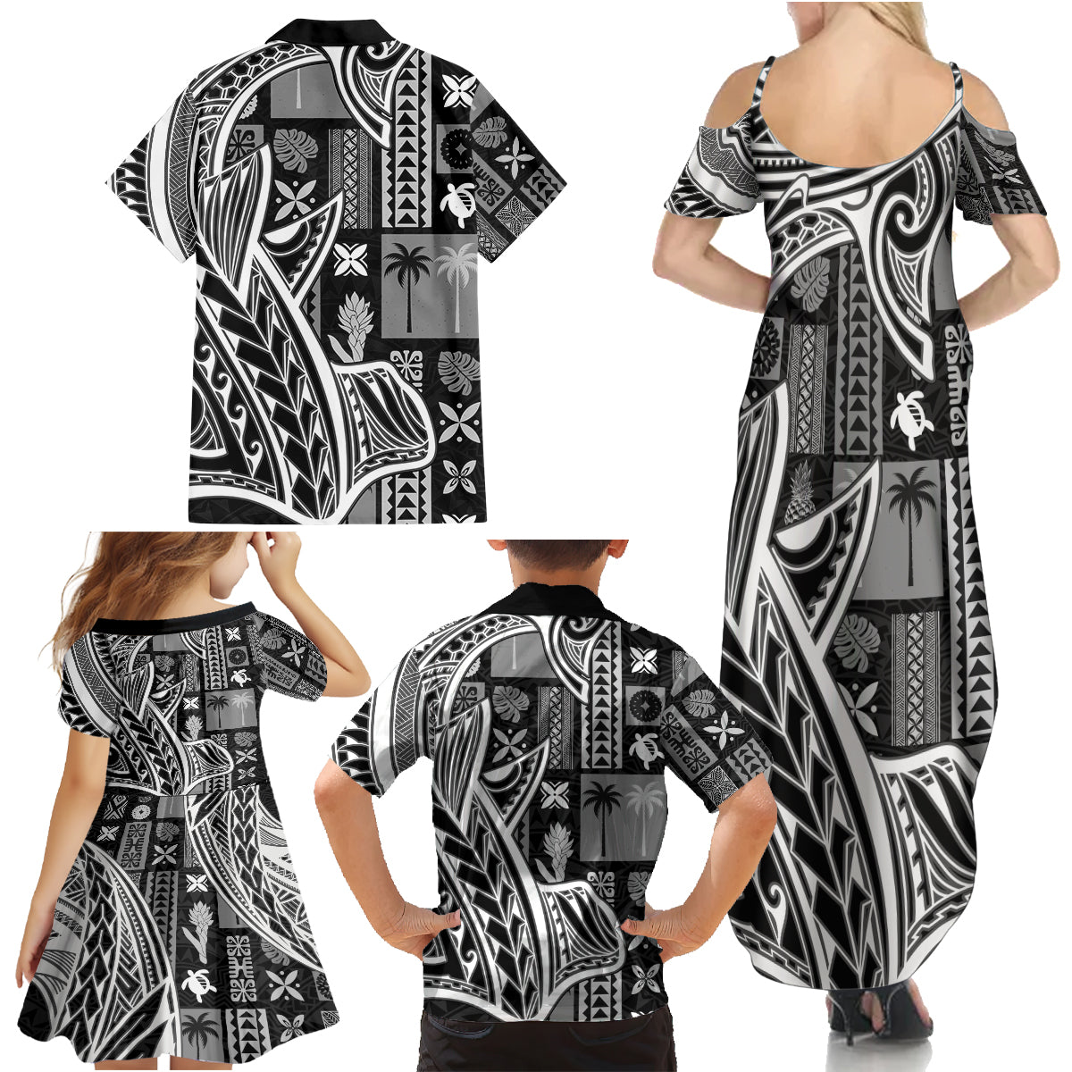 Samoa Tapa Family Matching Summer Maxi Dress and Hawaiian Shirt Siapo Mix Tatau Patterns - Black - Wonder Print Shop