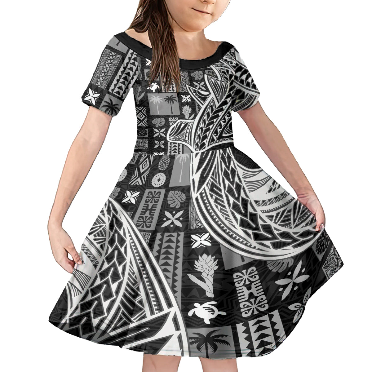 Samoa Tapa Family Matching Tank Maxi Dress and Hawaiian Shirt Siapo Mix Tatau Patterns - Black - Wonder Print Shop