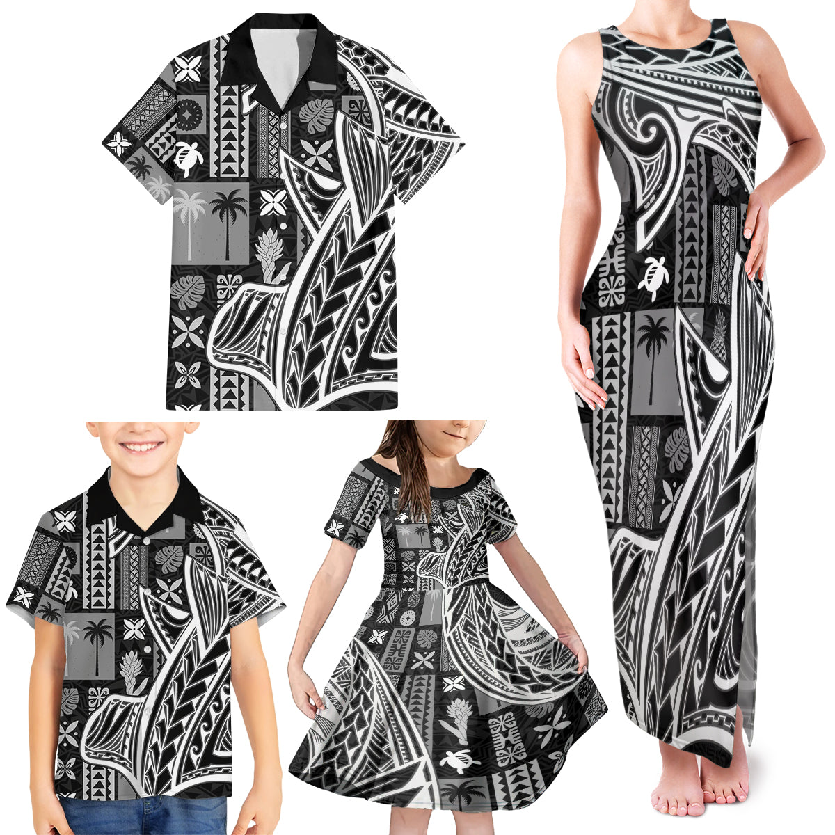 Samoa Tapa Family Matching Tank Maxi Dress and Hawaiian Shirt Siapo Mix Tatau Patterns - Black - Wonder Print Shop