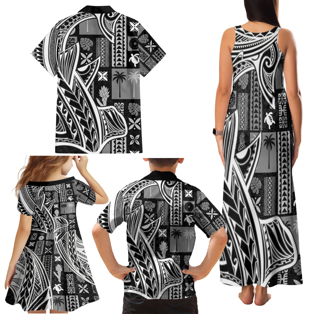 Samoa Tapa Family Matching Tank Maxi Dress and Hawaiian Shirt Siapo Mix Tatau Patterns - Black - Wonder Print Shop
