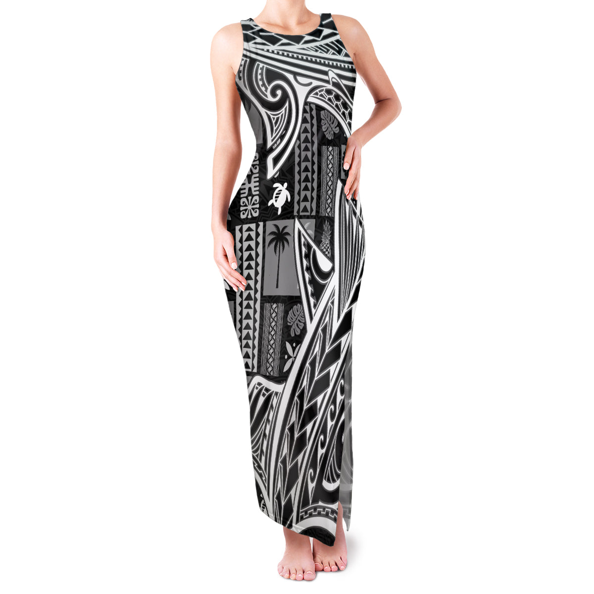Samoa Tapa Family Matching Tank Maxi Dress and Hawaiian Shirt Siapo Mix Tatau Patterns - Black - Wonder Print Shop