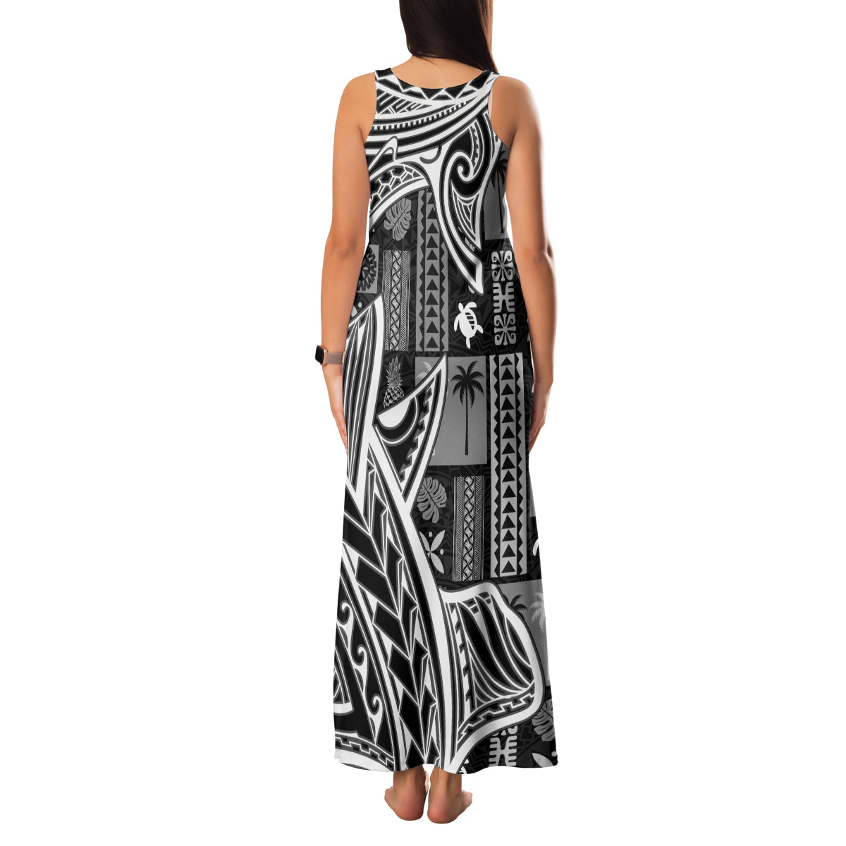 Samoa Tapa Family Matching Tank Maxi Dress and Hawaiian Shirt Siapo Mix Tatau Patterns - Black - Wonder Print Shop