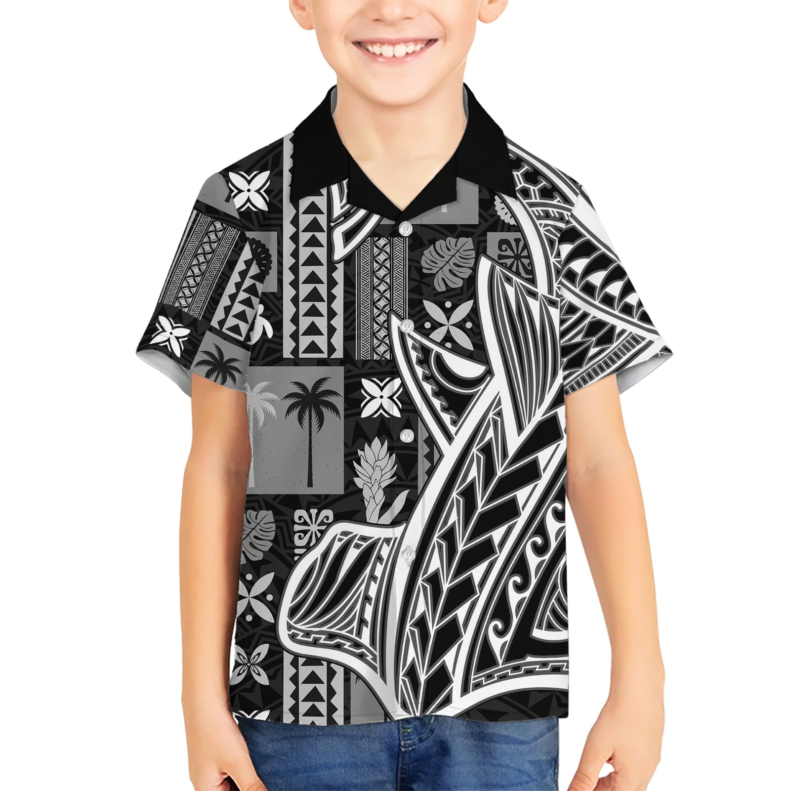 Samoa Tapa Kid Hawaiian Shirt Siapo Mix Tatau Patterns - Black - Wonder Print Shop