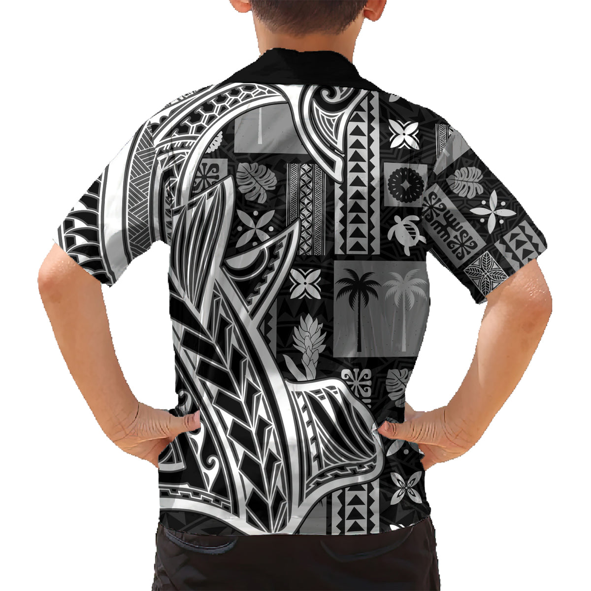 Samoa Tapa Kid Hawaiian Shirt Siapo Mix Tatau Patterns - Black - Wonder Print Shop